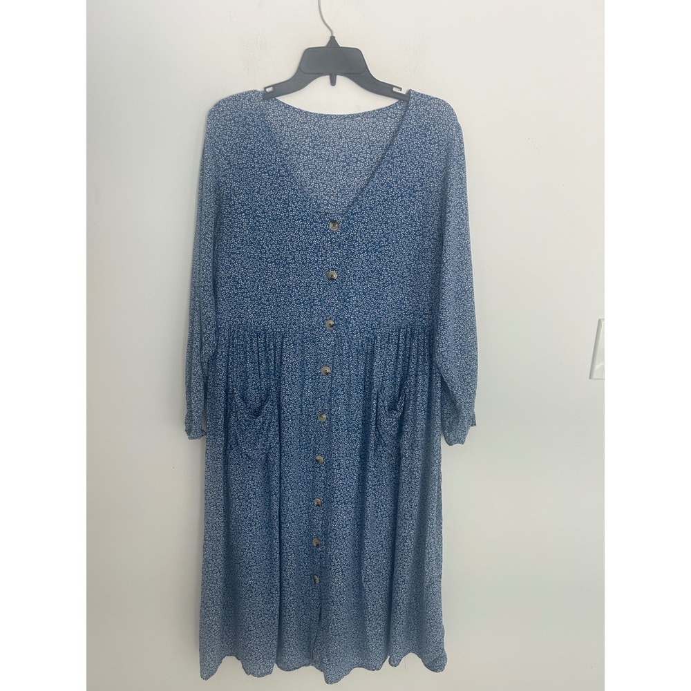Womens Blue Ditsy‎ Floral Button Down Midi Dress with Pockets Long Sleeve V-Neck